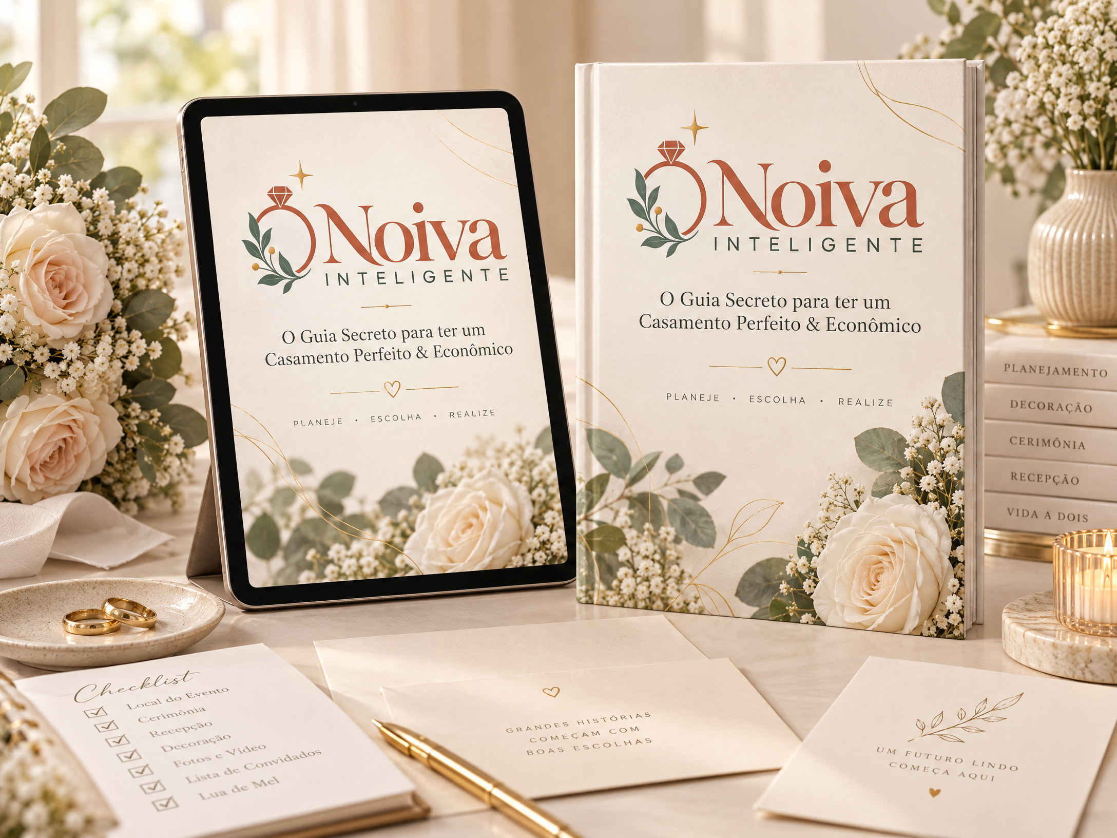 Guia Noiva Inteligente em tablet e livro impresso