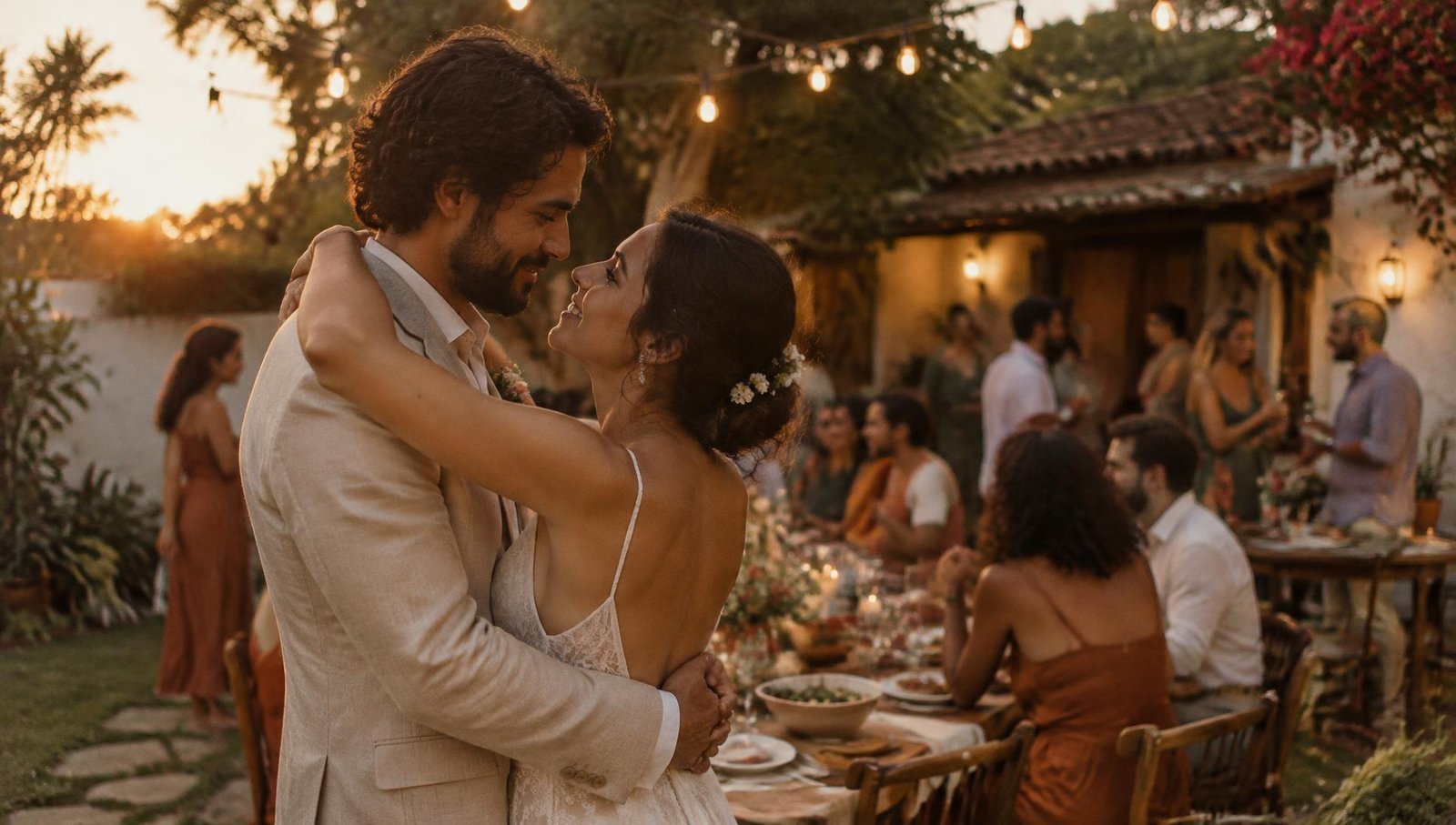 Casal celebrando casamento íntimo ao ar livre com luzes de bistrô