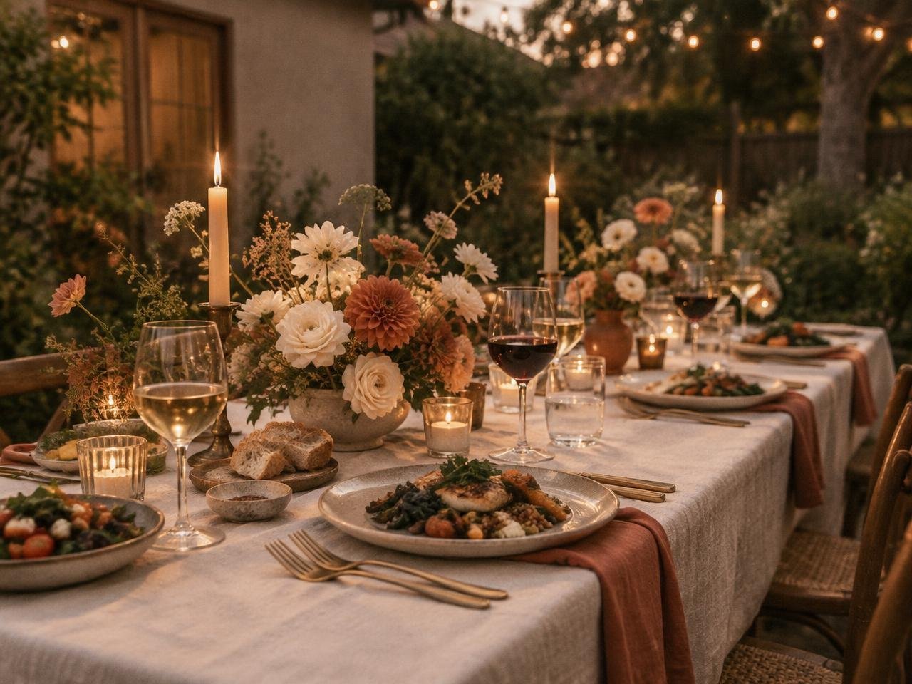 Mesa de casamento intimista, comida e flores baixas